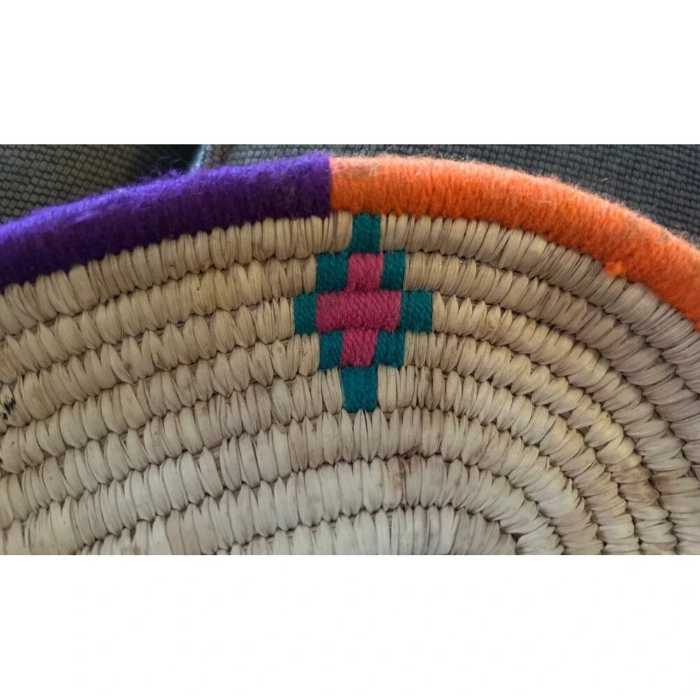 Vtg Southwest Native American Coiled Basket Tray 10” x 8” Wool Accents Handwoven